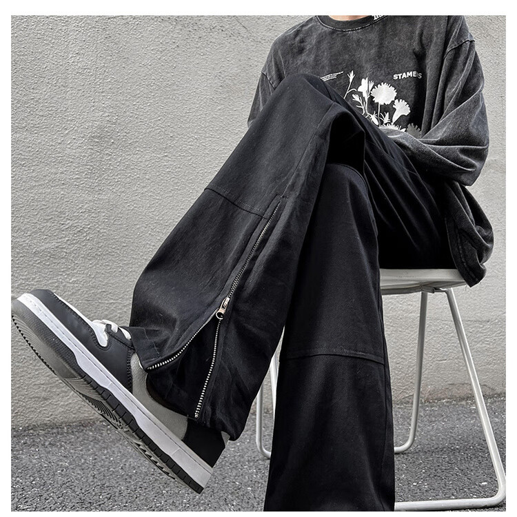 希尾拉链开叉牛仔裤男夏季美式vibe黑色牛仔春秋小众设计感修身直筒ov