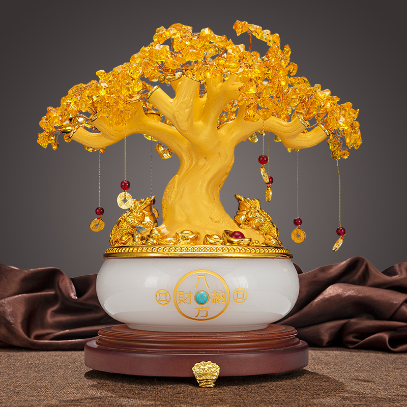 吉祥源聚宝盆存钱罐摆件黄水晶发财摇钱树办公室客厅装饰开业礼物