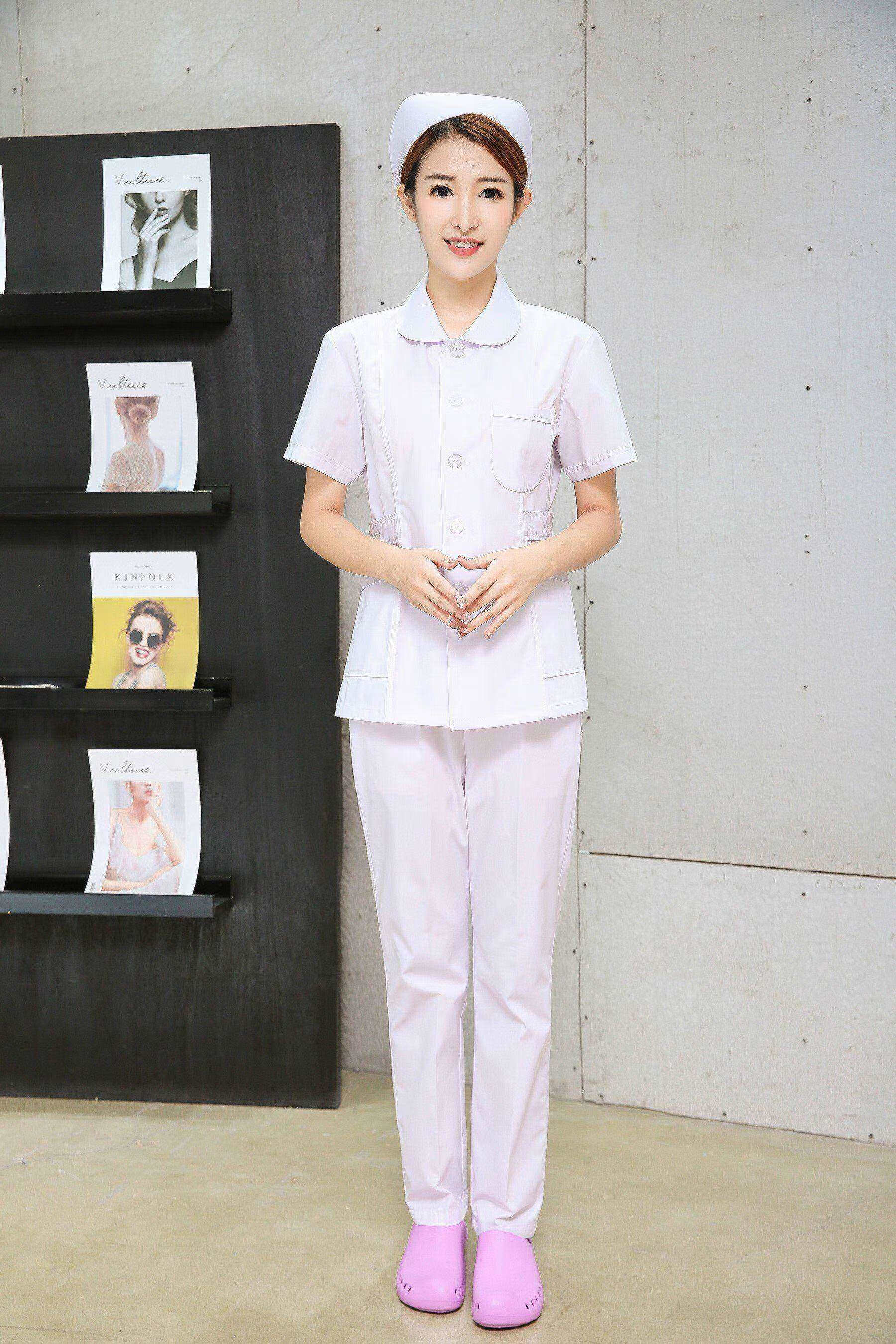 套装短袖短款长袖女款蓝色偏襟粉娃娃 娃娃领白色短袖上衣 裤子 帽子