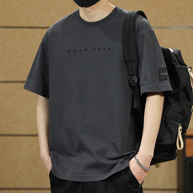 依郎酷夏季260g重磅短袖t恤男潮牌高密刺绣印花T恤男士纯棉圆领宽松上衣 深灰色【刺绣】 M 【110-130斤】