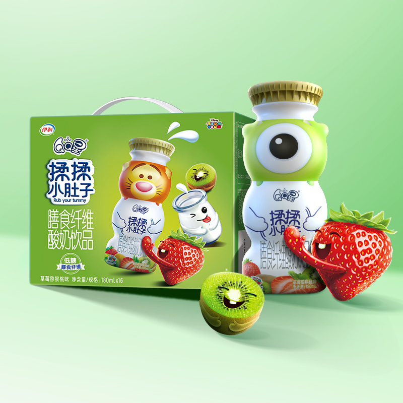 伊利qq星 揉揉小肚子膳食纤维酸奶饮品 草莓猕猴桃味180ml*16盒/箱 低