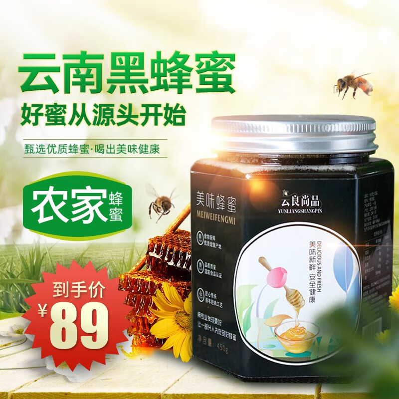 云良尚品 野生黑蜂蜜  纯蜂蜜 天然土蜂蜜 云南高山米团花蜜天然百花蜜米团花黑蜜450G 一罐