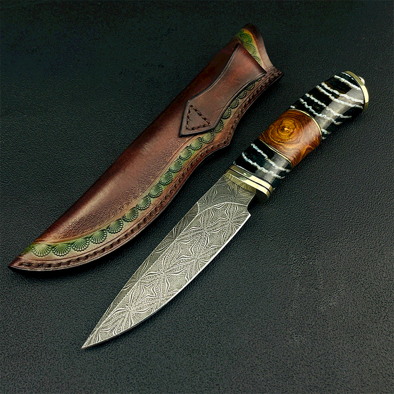 户外户外直刀大马士革手工锻打拼接蜘蛛纹猛犸臼齿高端精美收藏礼品刀