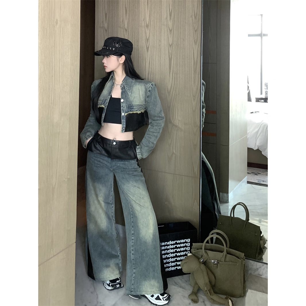 wait await牛仔套装女中性风穿搭酷帅雅痞设计感辣妹拼接秋季复古短款