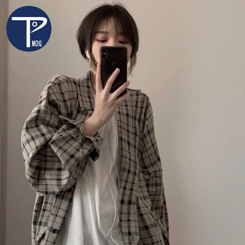 PMOGins原宿風(fēng)休閑格子襯衫女復(fù)古風(fēng)慵懶韓版港風(fēng)寬松百搭男女外套 卡其色 L95-115斤