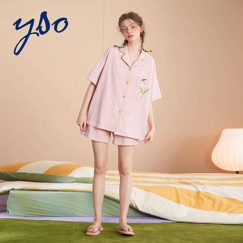 睡衣女郁金香翻领短袖短裤甜美简约套装可外穿家居服ins风 粉红女套 s
