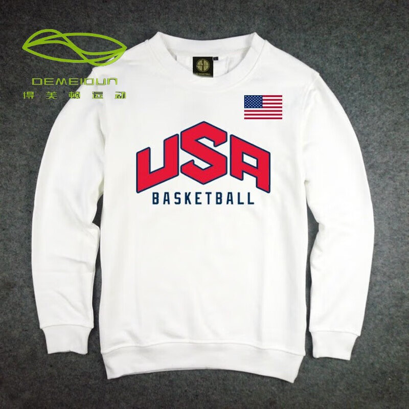 得美顿（DEMEIDUN） 运动品牌春秋款USA美国梦之队梦十男长袖T恤运动外套纯棉篮球小卫衣套头衫 白色 M(160-170)