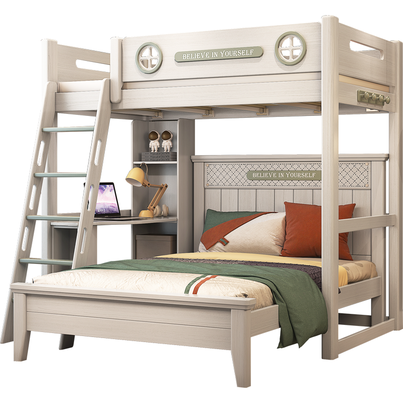 格杰 儿童床交错式上下床双层床子母床多功能组合床实木高低床带书桌上下铺成人1.5米 床架+1.5米直屏简易床+0.4米书桌+爬梯 120*200cm