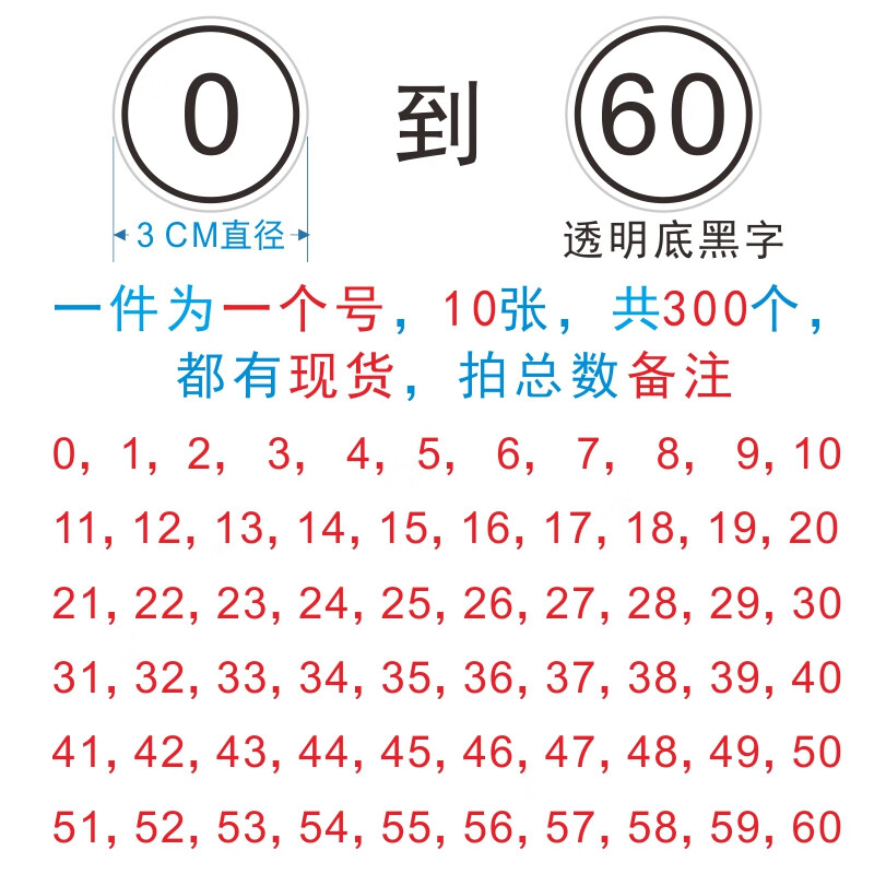 创京懿选衣服码数对照表 服装圆形透明尺码标贴纸不干胶3cm大标签数 0