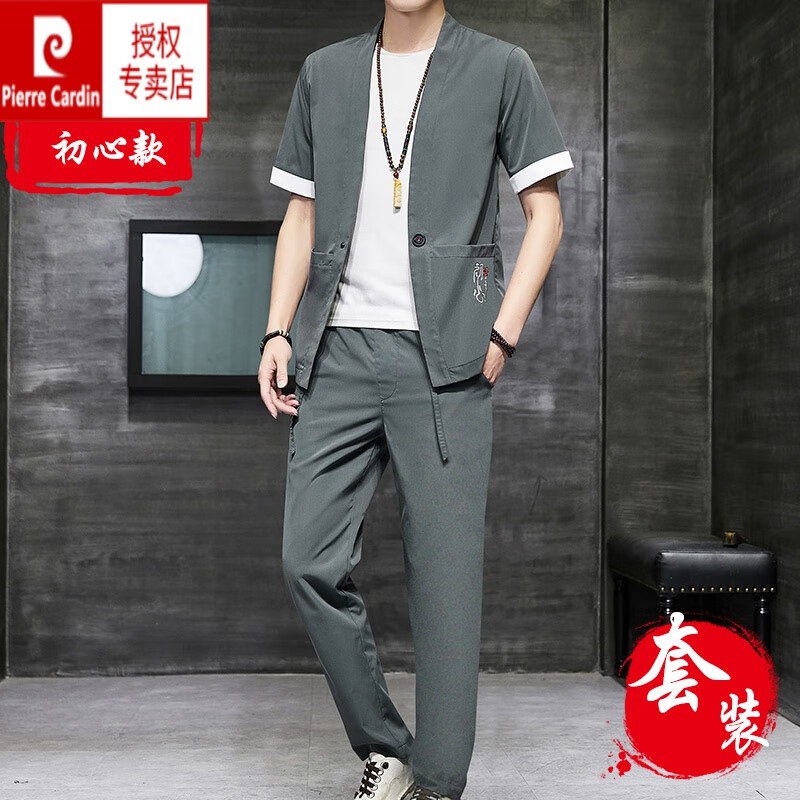 cardin)中国风男装佛系复古短袖t恤v夏季薄款套装男夏天休闲唐装汉服