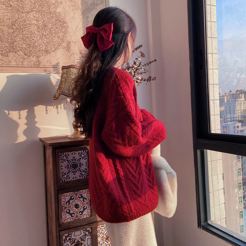珍妮羊圣诞新车厘子红色麻花毛衣外套女宽松慵懒本命针织打底衫内搭