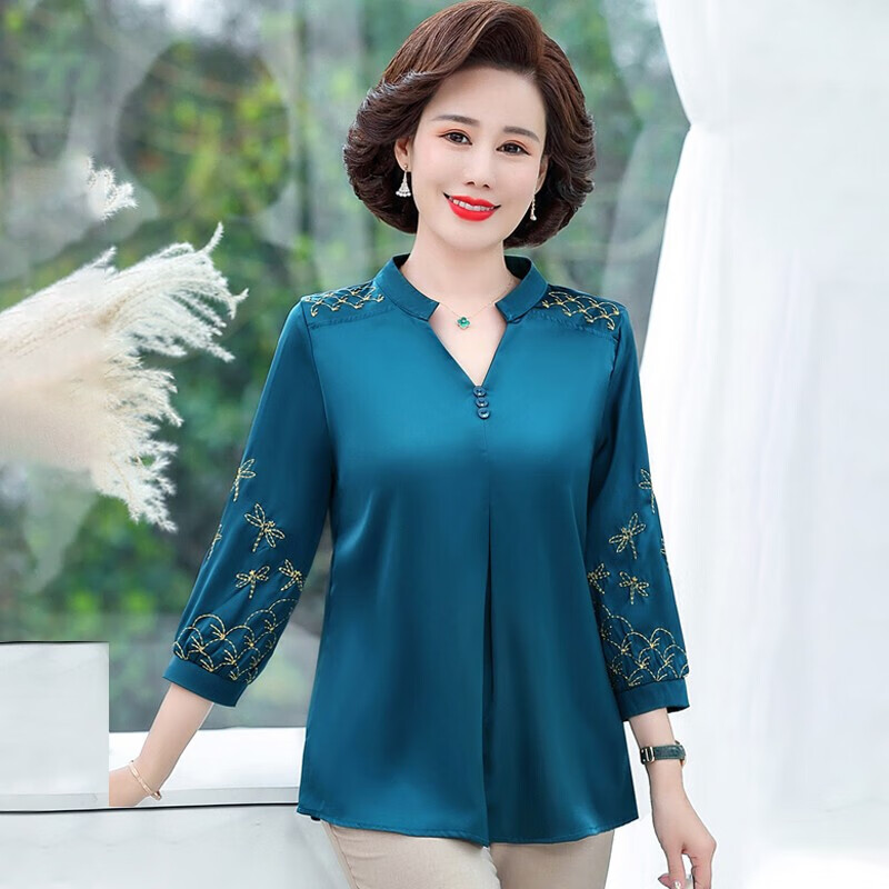 孜颜中老年女装衬衫女妈妈装夏装七分袖两件套50岁60母亲衣服洋气套装 蓝色【单件】 XL （建议80-100斤）