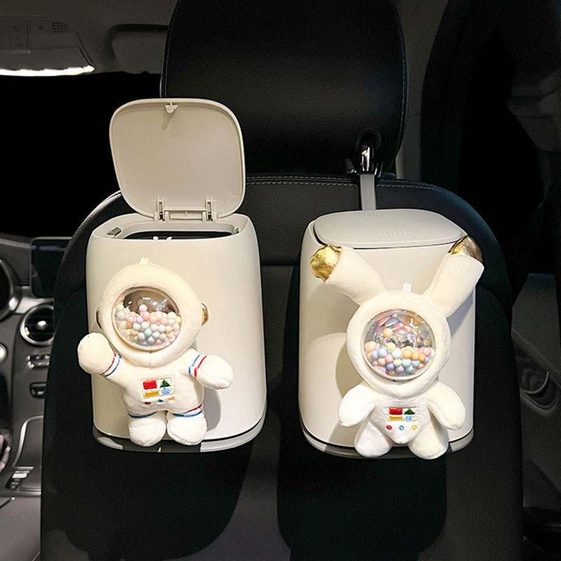 适用 车载垃圾桶可爱宇航员汽车卡通太空人椅背挂式置物桶收纳袋车上用品女 太空人-按压弹盖垃圾桶-白色