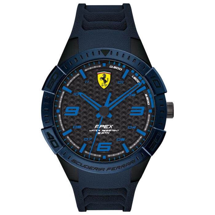 ferrari法拉利apex男士蓝色硅胶运动手表三针石英机芯防水44mm blue