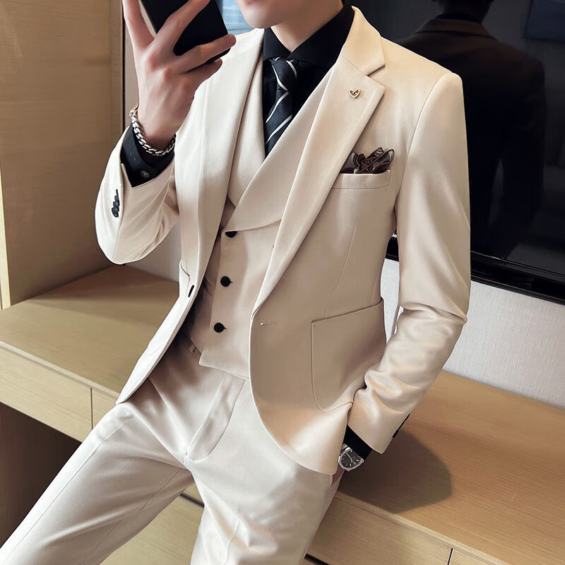 西装男正装套装新郎西服韩版修身呢高级感礼服英伦风加厚冬季 米白色