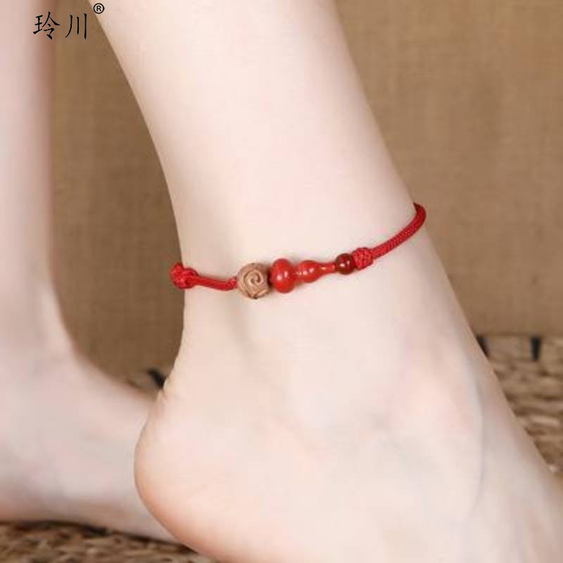 红绳桃木转运珠手工红绳编织脚链女简约气质脚绳 桃木朱砂葫芦