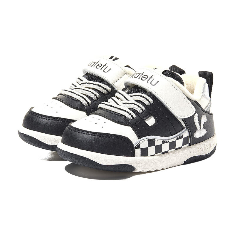 卡特兔男女宝宝学步鞋冬季软底机能鞋加绒保暖婴儿鞋小童防滑棉鞋 黑白 24 内长14.5cm 脚长13.6-14.2