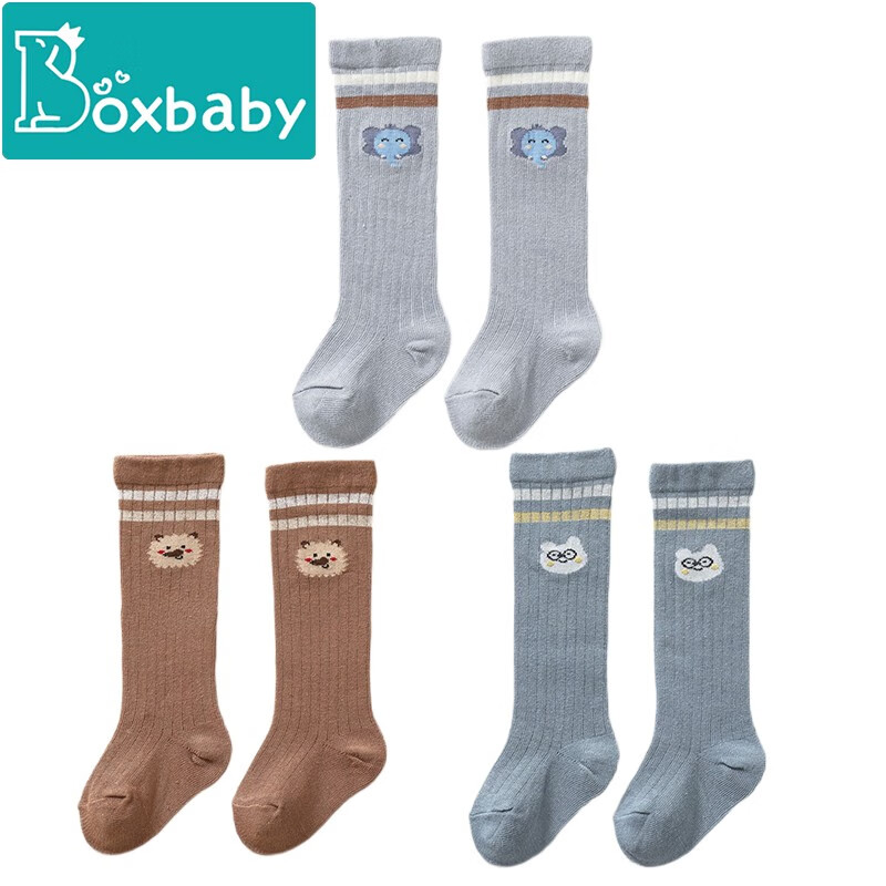 boxbaby婴儿中筒袜春秋棉袜子新生儿宝宝袜高筒袜婴幼儿长袜松口不勒腿 男宝3双装（大象 小熊 狐狸） S码（推荐0-1岁）