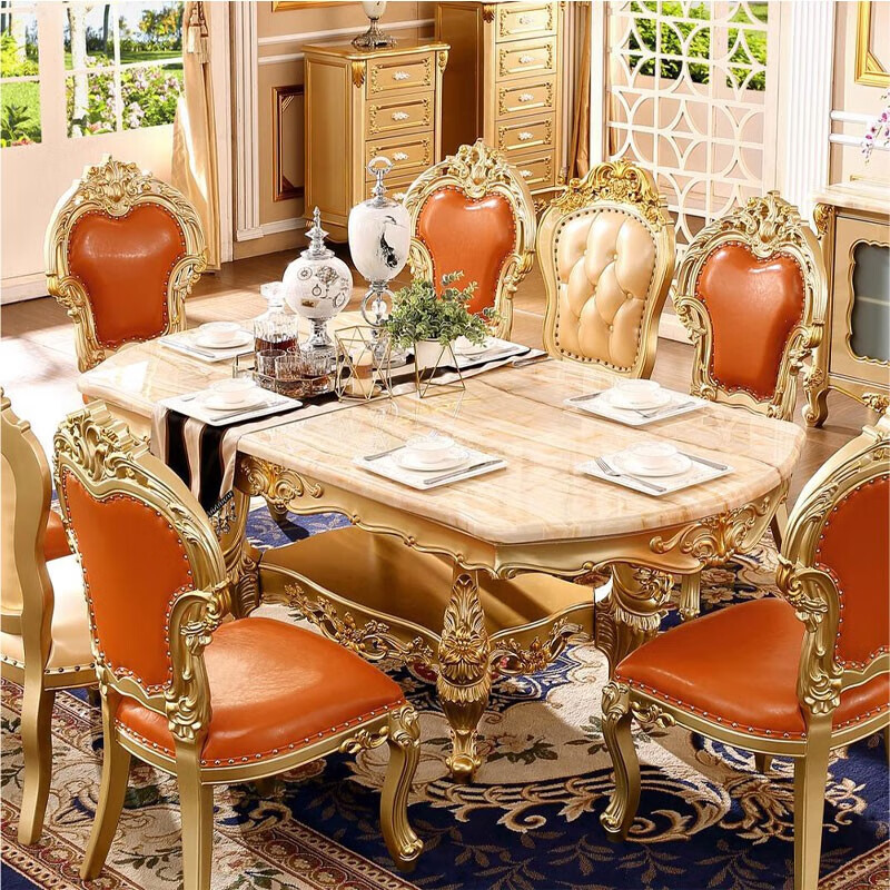 奥匡 欧式餐桌全实木香槟金色长餐桌白玉大理石面椭圆餐桌 201.