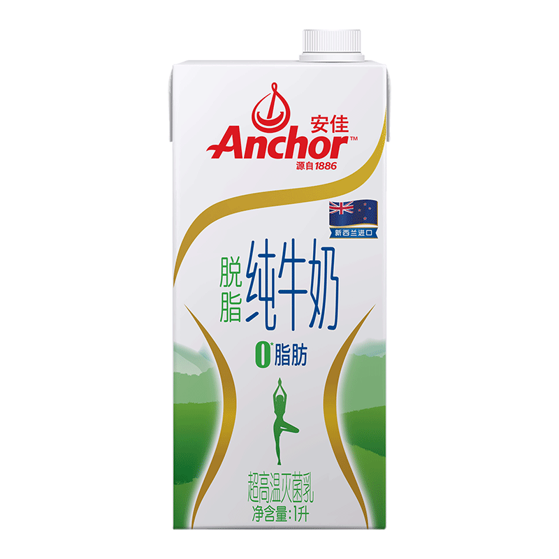 安佳(Anchor)新西兰原装进口 脱脂纯牛奶 3.6g蛋白质/100mL  脱脂 1L*12整箱装 草饲奶源 成人老年人适用     106元