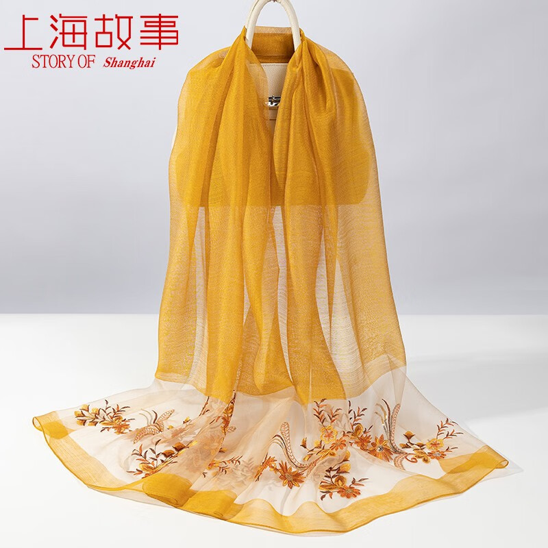 上海故事真丝围巾女丝巾妈妈披肩丝巾秋季教师节礼物丝毛绣花送老外