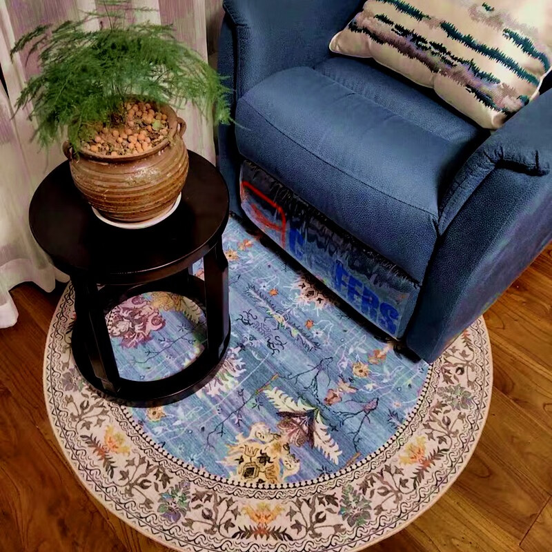 欧纶斯 北欧简约圆形儿童房卧室床边毯 现代家用客厅地毯沙发茶几毯 莫兰迪蓝圆 100CM×100CM
