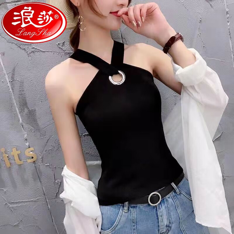 冰丝大码200斤吊带背心女内搭夏季新款挂脖式露肩性感露背上衣 黑 