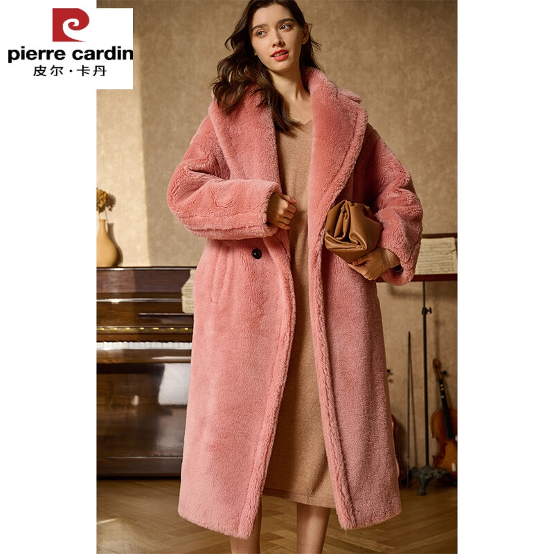 皮尔卡丹(pierre cardin)品牌粉色泰迪熊高端双面羊绒大衣女中长款