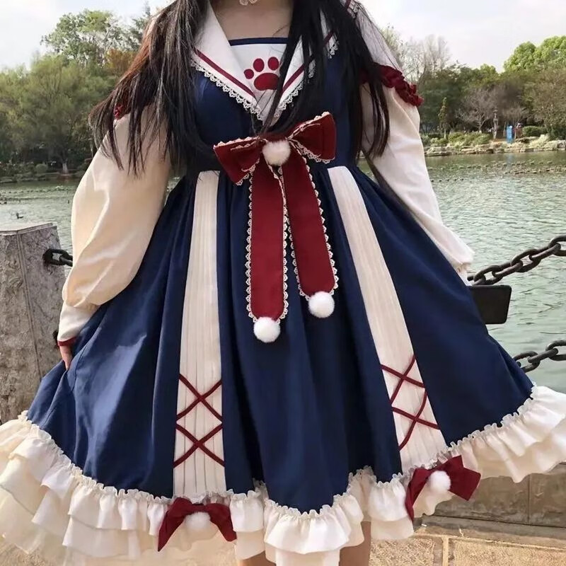 唐努烏（Tang Nu wu）洛麗塔學(xué)生可愛學(xué)院風(fēng)lolita連衣裙軟妹貓爪連衣裙正 藏青色 L 【115-130斤】