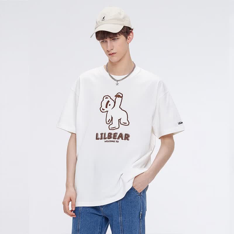 lilbetter小熊情侣短袖220g潮牌纯棉五分袖男生宽松夏装t恤情侣装