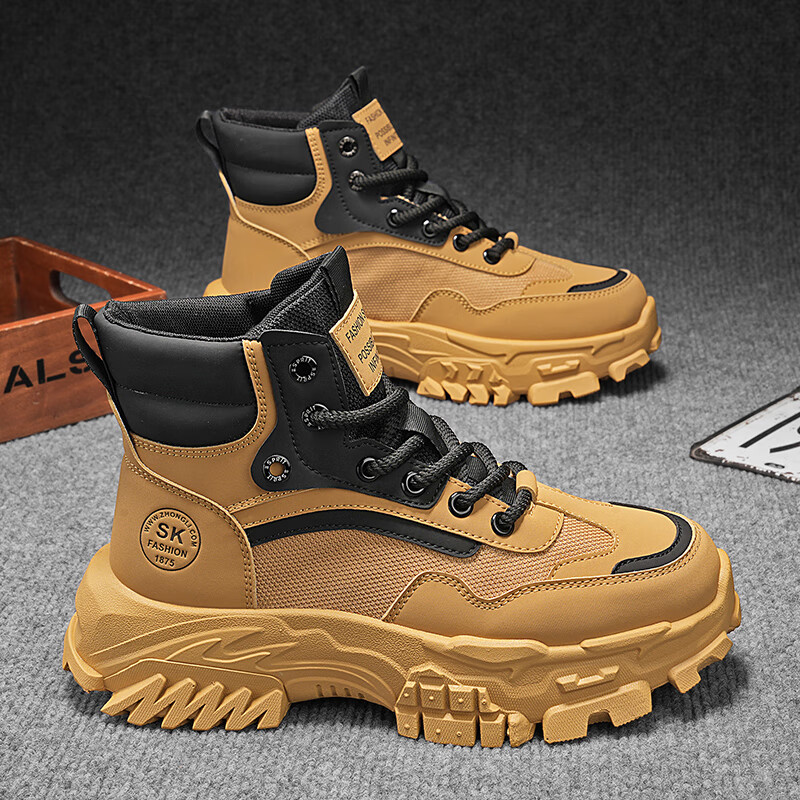 BAIKE马丁靴男冬季新款鞋子男雪地高帮靴子男劳保鞋工装鞋加绒保暖棉鞋 卡其 42 标准码