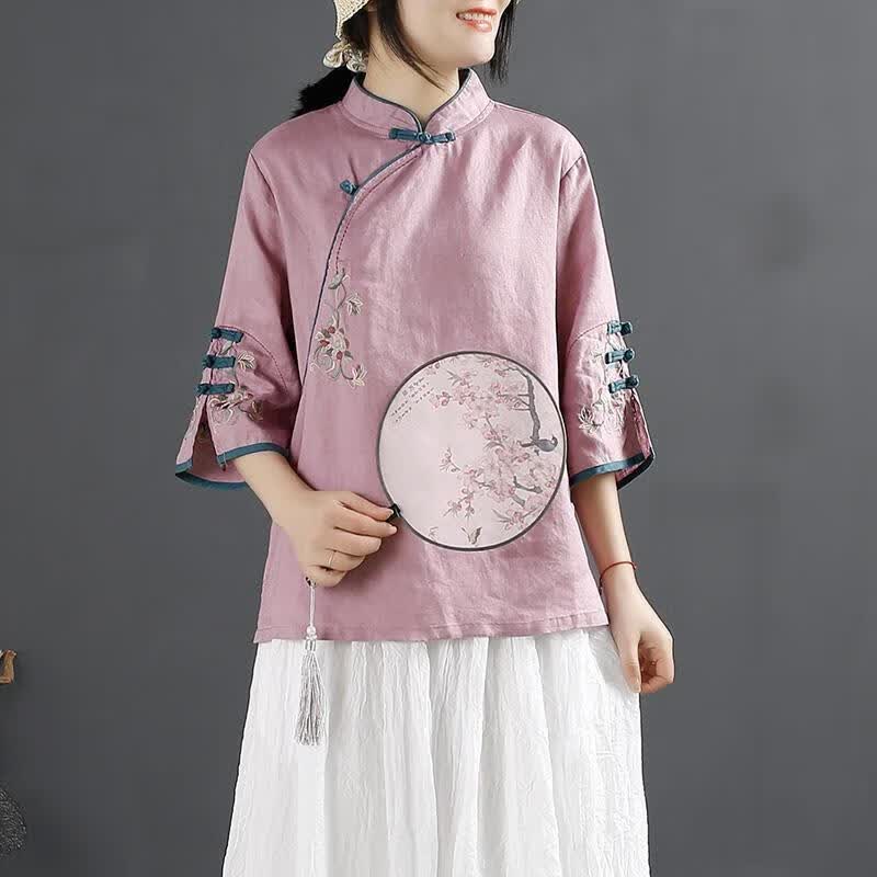 FENGEDUN复古中国风棉麻服饰女装夏季新款衬衫女春夏中式立领盘扣上衣斜襟 紫色 L 105-120斤属于什么档次？