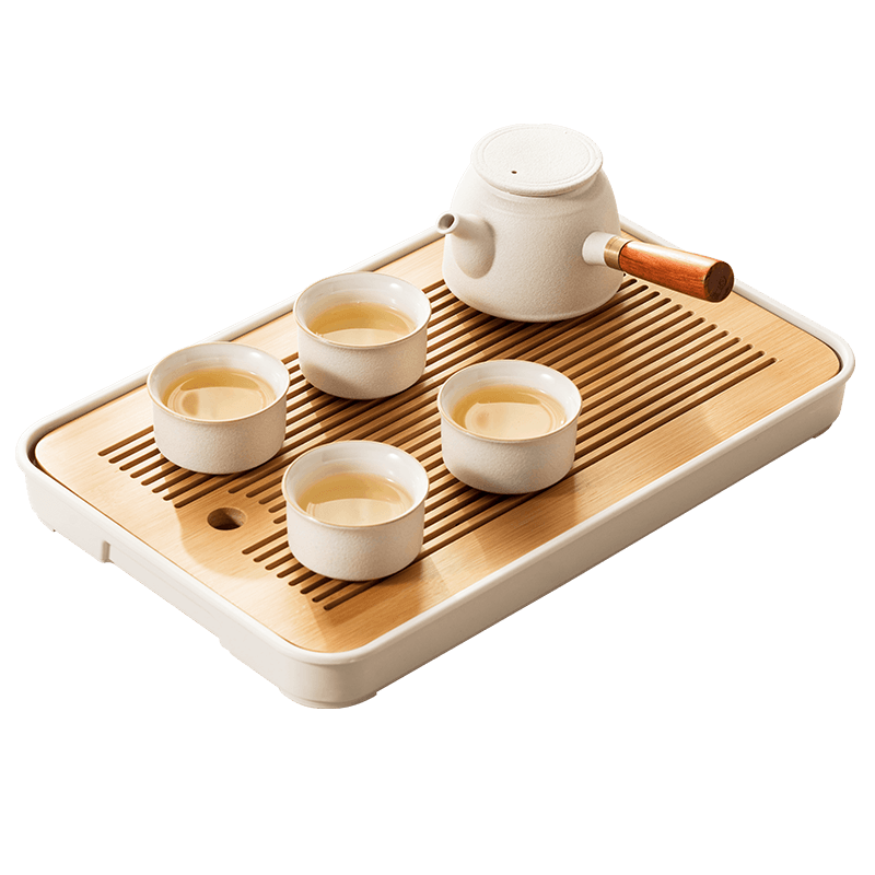 淘之良品 家用功夫茶盘茶托一人用茶台茶水托盘小型茶海楠竹木质干泡台功夫茶具储水式办公室休闲茶道 A款原色+白底37*24cm