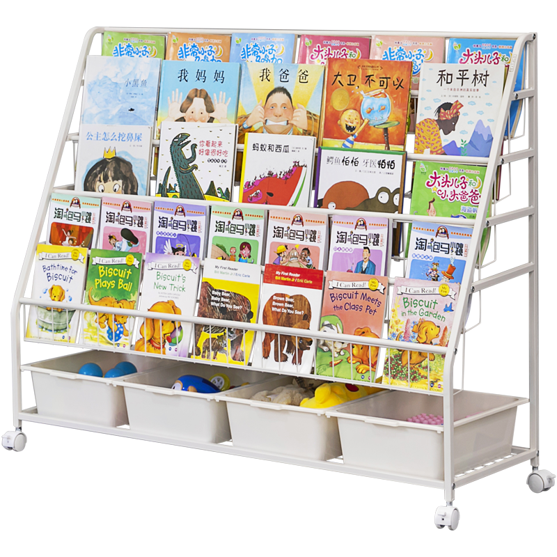 SOFS儿童书架 可移动落地宝宝绘本架玩具收纳架 学生铁艺小书架书报展示架 简易钢制旋转书架柜 XXL码 移动款(5层展示+1层收纳) 4盒