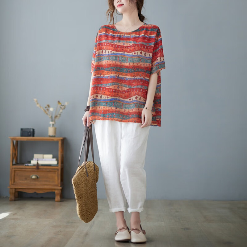 简当夏新款胖MM大码女装文艺气质显瘦胖女人短袖T恤上衣1520 红条纹 大码均码【120-180斤】