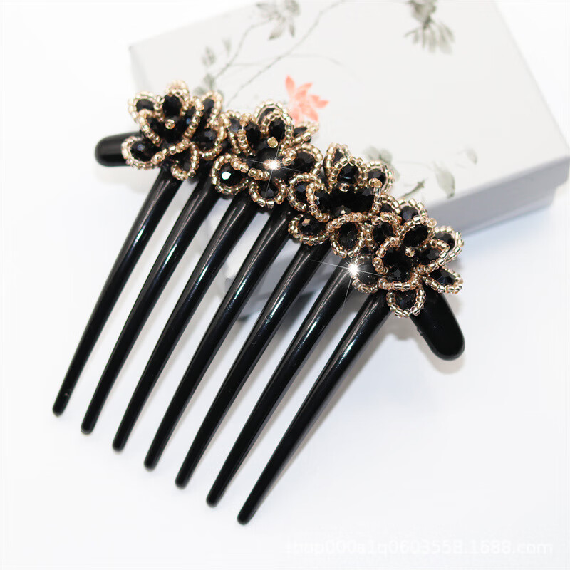梅花发梳插梳防滑韩式盘发器成人女七齿水晶发夹大号水晶插梳 黑色水晶插梳