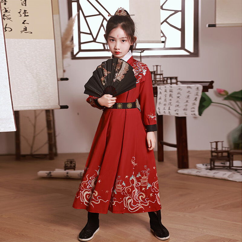 明制锦衣卫小女孩古装侠客帅气女侠走秀儿童飞 橘红色飞鱼服 红发带