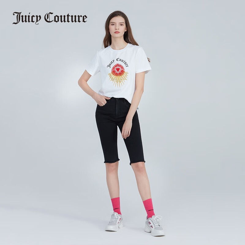 Juicy Couture橘滋新品宽松圆领爱心刺绣黑白短袖T恤 白色 M