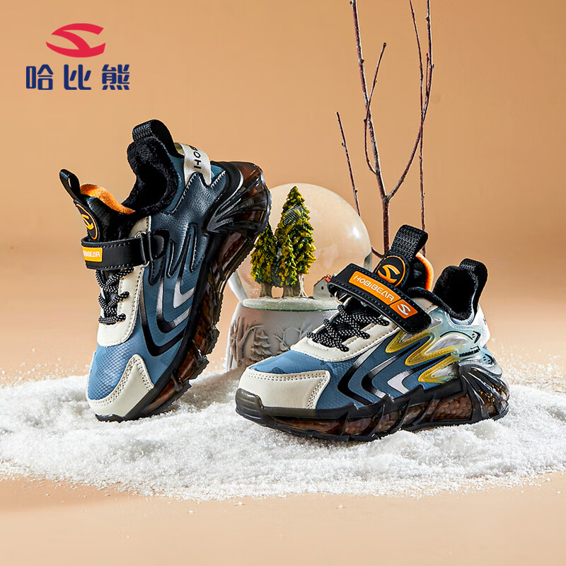 哈比熊童鞋冬季儿童运动鞋男童加绒二棉鞋保暖女童鞋中大童棉鞋AW7778 黑蓝33码