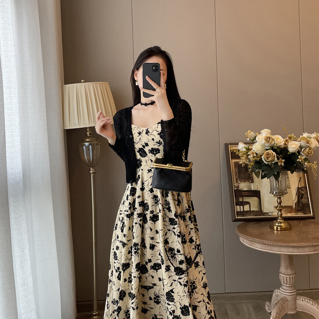 悠丛夏天碎花长裙高个子长款连衣裙到脚踝微胖mm大码气质法式吊带裙温