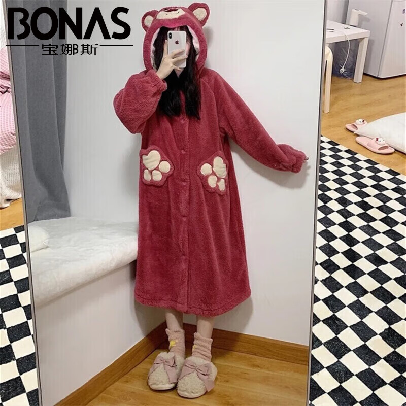 宝娜斯睡衣软绵珊瑚绒保暖睡衣女秋季加厚暖暖绒家居服上衣睡袍 草莓熊睡袍 均码 【适合80-155】