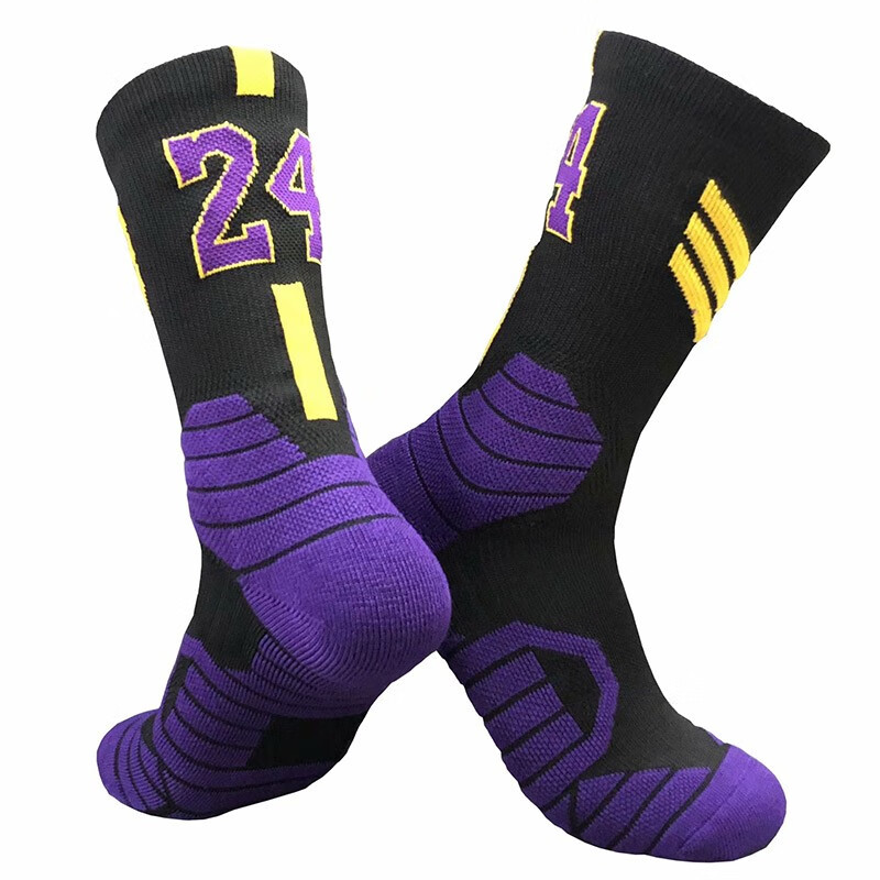 精英袜球星专业中筒袜中高帮运动吸汗防臭加厚毛巾底防滑 科比黑紫