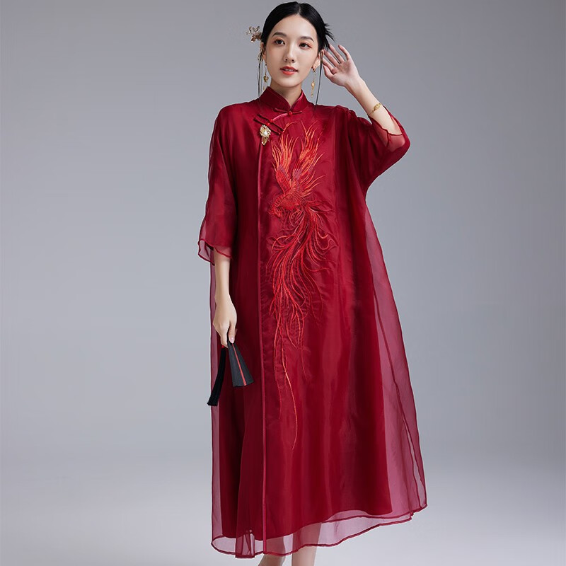 陌遇2024年春夏新款中国风复古改良真丝绣花红色旗袍裙中式连衣裙 红色 XL