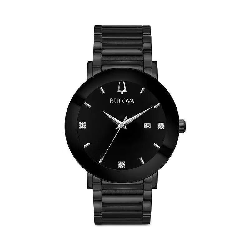 宝路华(bulova)手表 男士时尚商务休闲男表 黑色钢带日历镶钻石英腕表