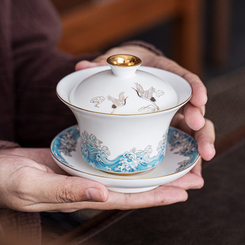 领艺德化白瓷三才盖碗茶杯陶瓷家用单个手抓大号泡茶碗羊脂玉茶具