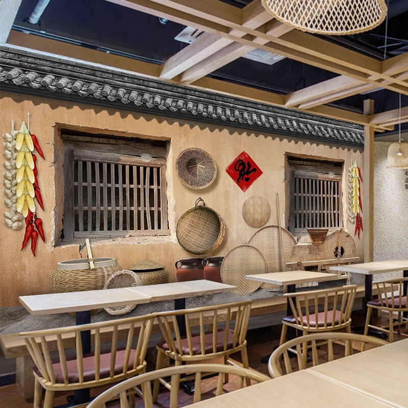 仿古壁纸 仿古农家乐饭店墙纸墙布土菜馆收银前台装饰画农庄餐厅包间