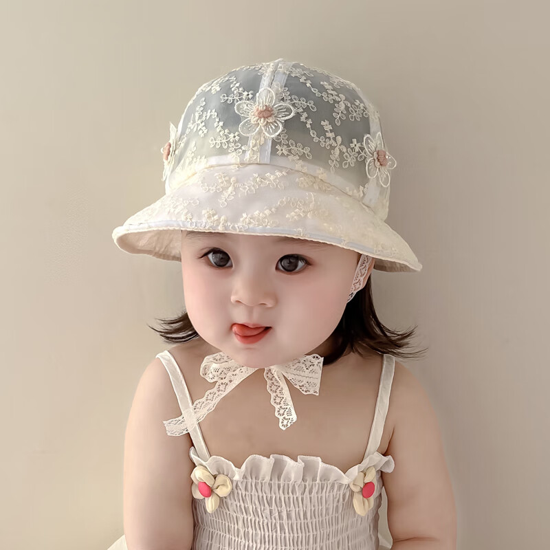 贝娜茜儿童防晒帽宝宝帽子夏季婴幼儿遮阳帽渔夫帽蕾丝盆帽女童太阳帽潮 小花花-米黄 6个月-5岁（44-52CM)