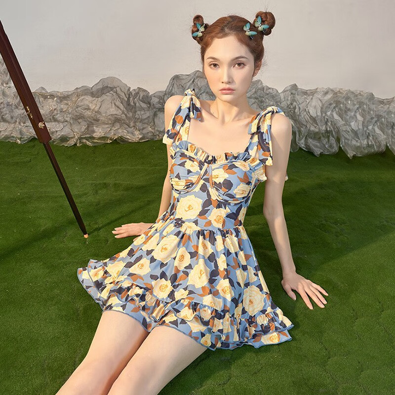翊尚美泳衣女连体裙式保守显瘦遮肚游泳衣女士24年新款温泉沙滩吊带泳裙 油彩莫奈【优质面料】  L【适合100-110斤】