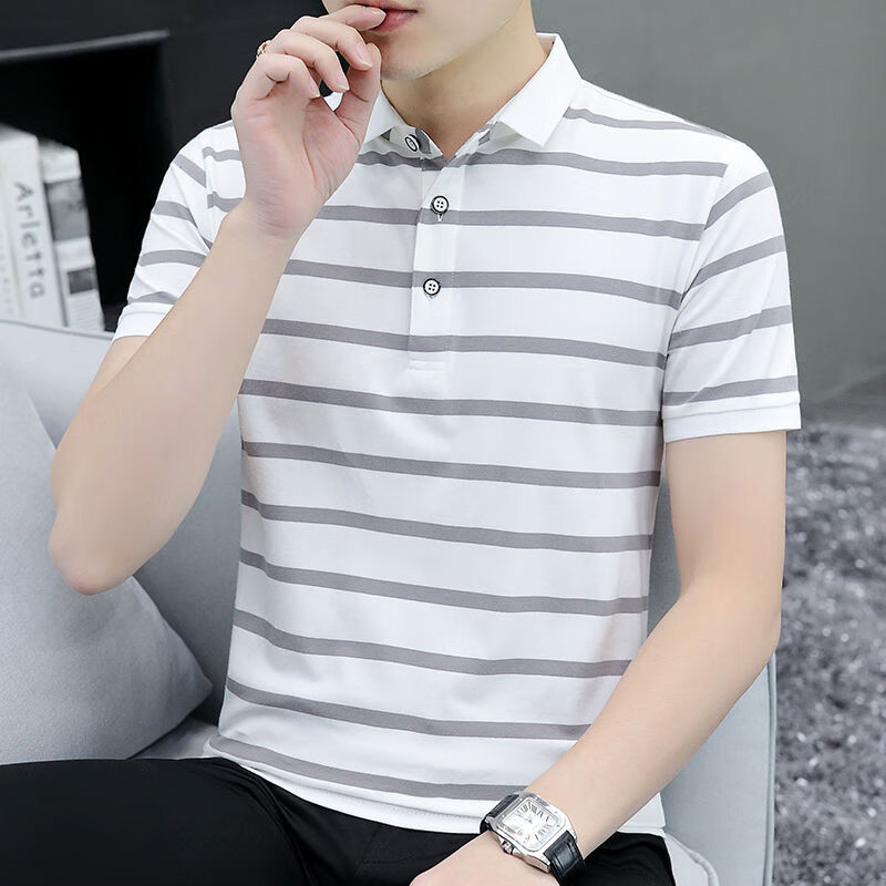 企迈男t恤纯棉95棉男装短袖t恤丅男士翻领polo衫夏季潮流条纹反领子半