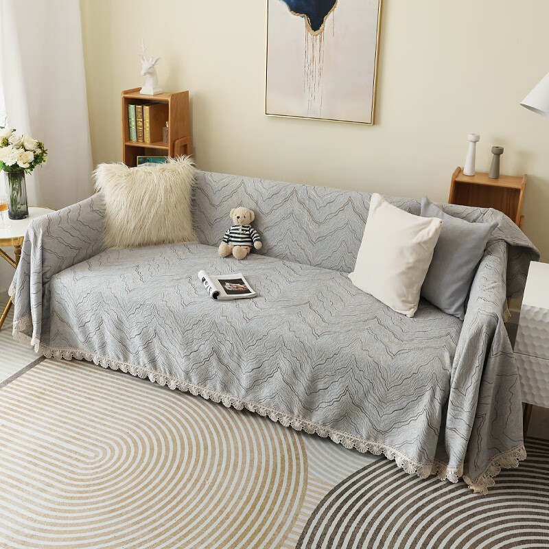 珂米雪尼尔沙发盖布全盖套罩四季通用防滑北欧网红沙发巾夏季2023新款 水波纹-灰 180*300cm(三人位/大贵妃位)